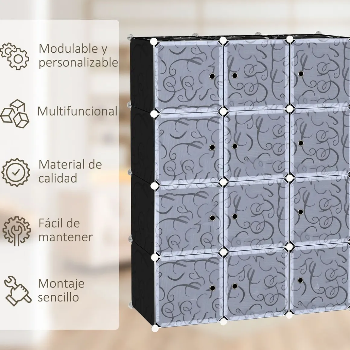 Organizador modular Lume Homcom 12 cubos personalizable blanco/negro 145x111x45 cm