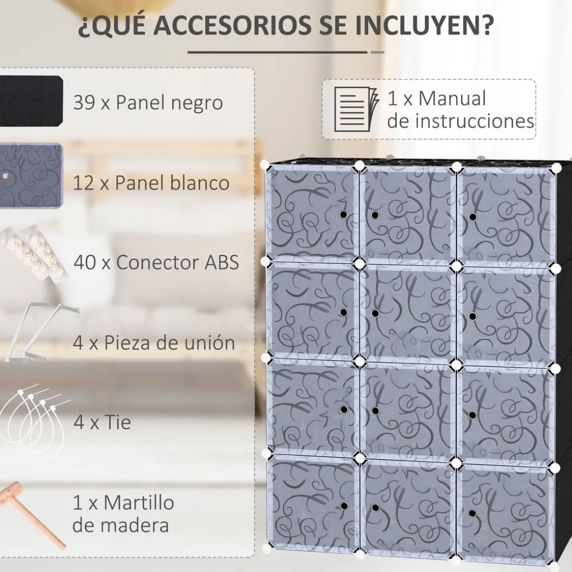 Organizador modular Lume Homcom 12 cubos personalizable blanco/negro 145x111x45 cm