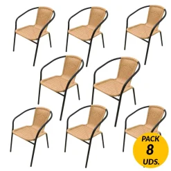Pack 8 sillas ratán y acero natural 74x58x53 cm