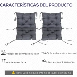 Pack de 2 cojines para silla Outsunny con cordones gris 8x50x98 cm