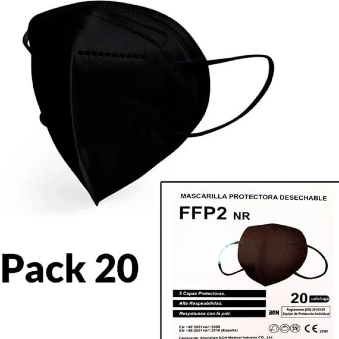 Pack de 20 Mascarillas FFP2 desechables negro
