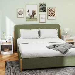 Pack de 2 mesitas de noche Boho Homcom cajón con frontal de ratán blanco 53x40x40 cm