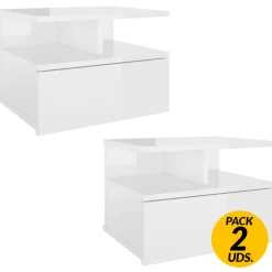 Pack de 2 mesitas de noche flotantes 1 cajón 2 estantes blanco brillo 27x40x31 cm