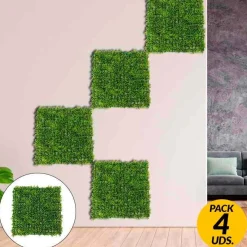 Pack de 4 planchas de jardín vertical artificial hoja redondeada verde