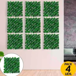 Pack de 4 planchas de jardín vertical artificial con flores verde/blanco