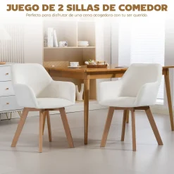 Pack de 2 sillas de comedor Cream Homcom tapizadas blanco 80x54x57 cm