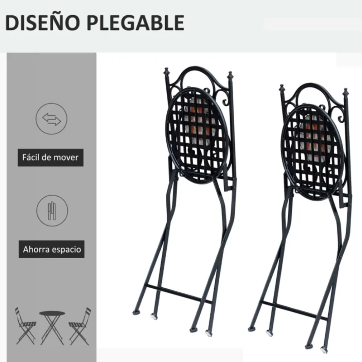 Pack de 2 sillas de jardín Outsunny plegables mosaico negro 92,5x39x50 cm