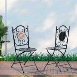 Pack de 2 sillas de jardín Outsunny plegables mosaico negro 92,5x39x50 cm