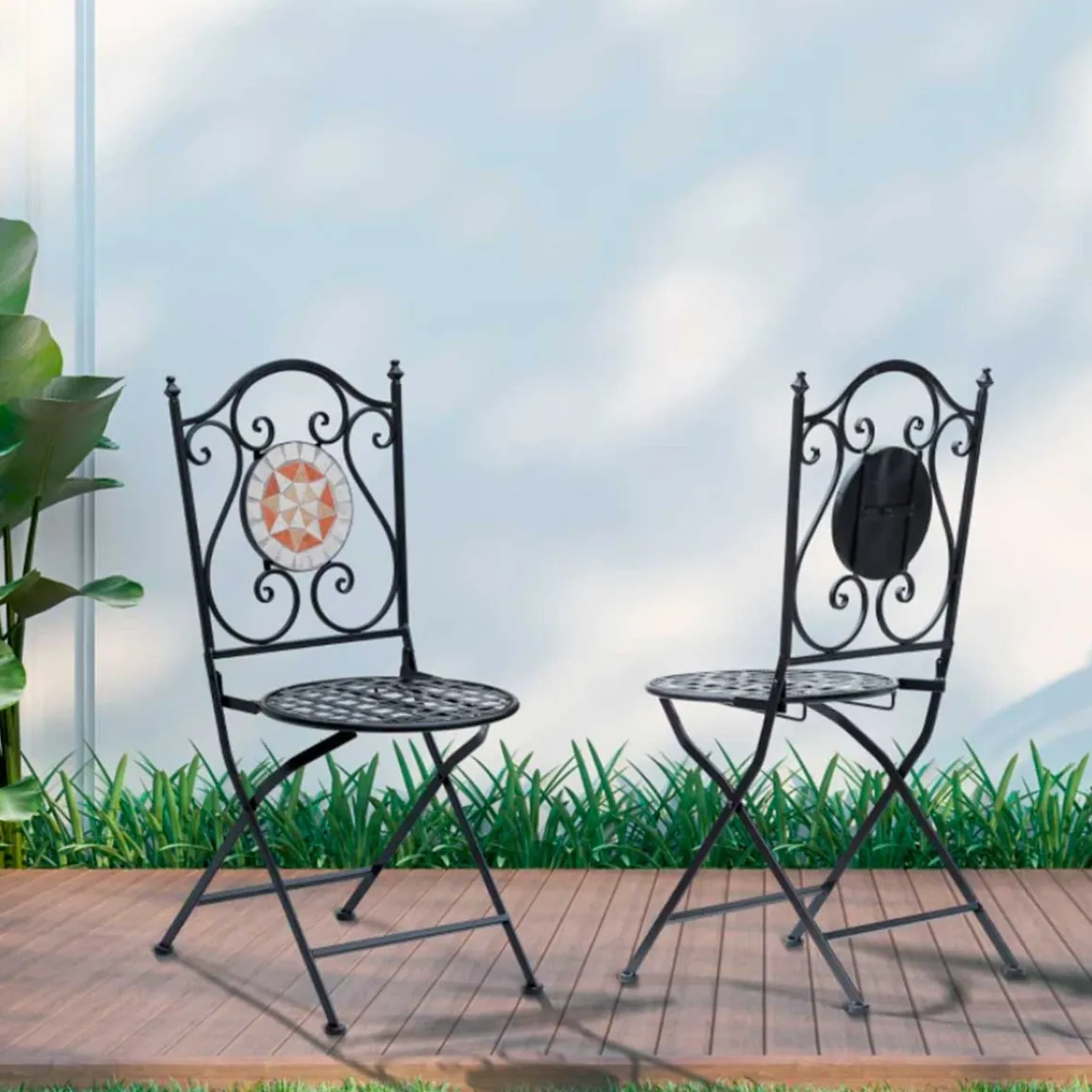 Pack de 2 sillas de jardín Outsunny plegables mosaico negro 92,5x39x50 cm