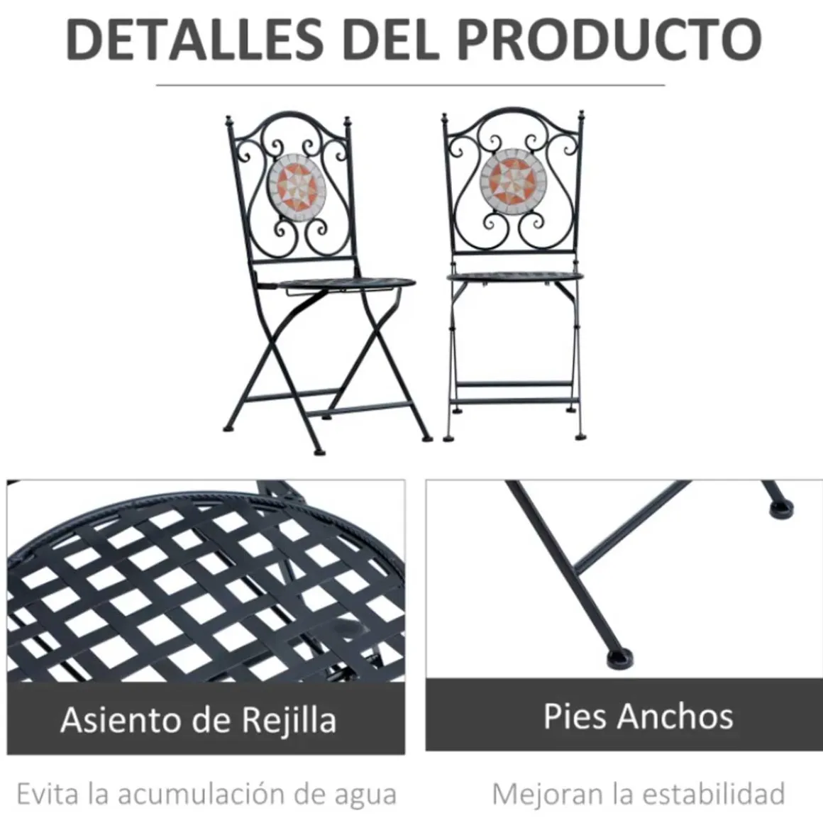 Pack de 2 sillas de jardín Outsunny plegables mosaico negro 92,5x39x50 cm