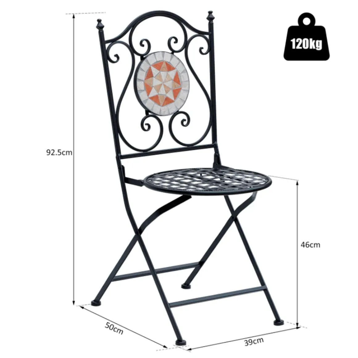 Pack de 2 sillas de jardín Outsunny plegables mosaico negro 92,5x39x50 cm
