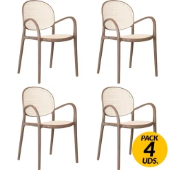 Pack de 4 sillas multiusos Masía diseño vintage con reposabrazos marrón