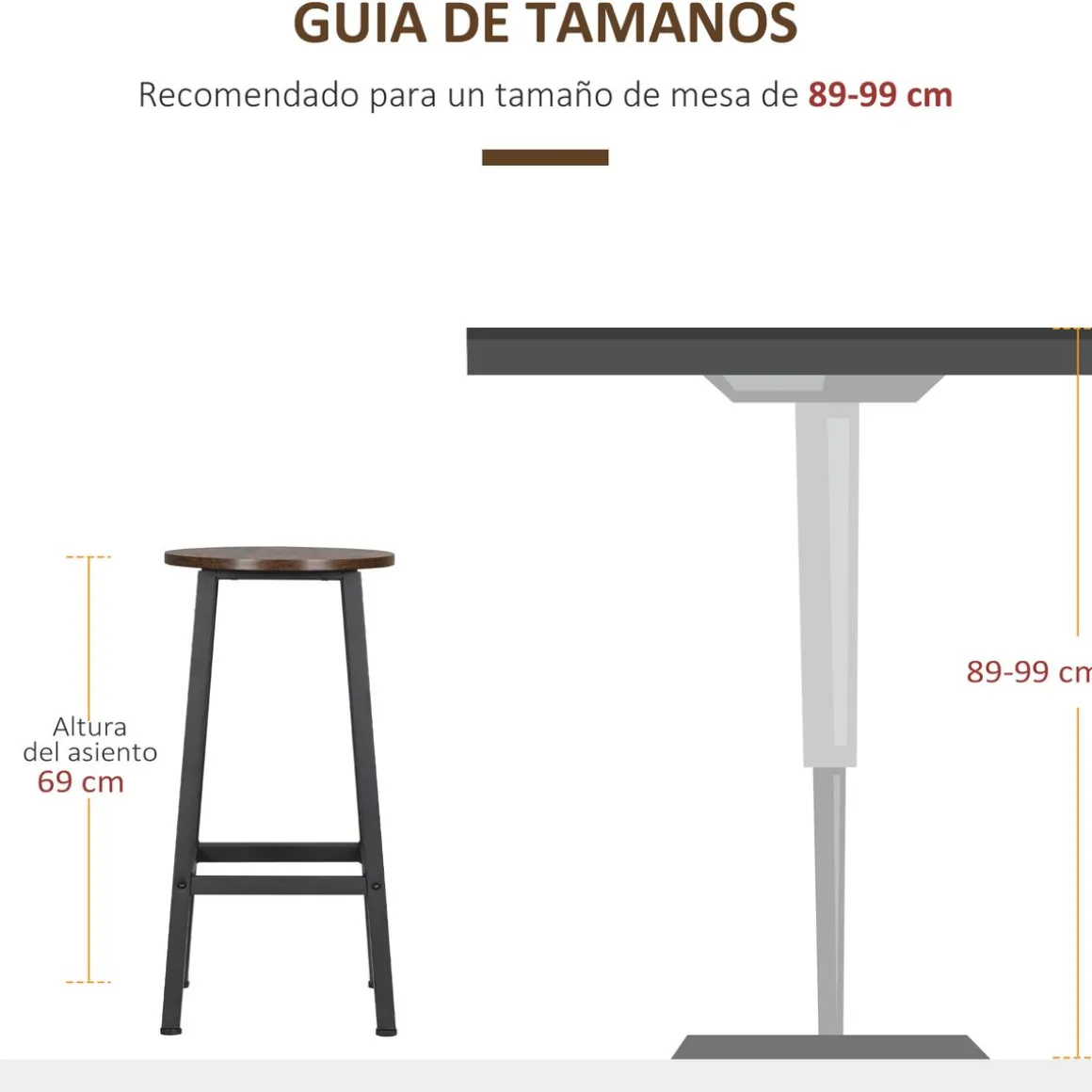 Pack de 2 taburetes altos Homcom Tauro patas de acero marrón 65x32,5x32,5 cm