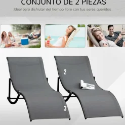 Pack de 2 tumbonas Outsunny plegables forma de S ergonómicas gris 63x61x165 cm