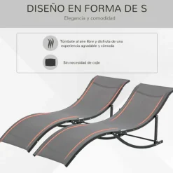 Pack de 2 tumbonas Outsunny plegables forma de S ergonómicas gris 63x61x165 cm