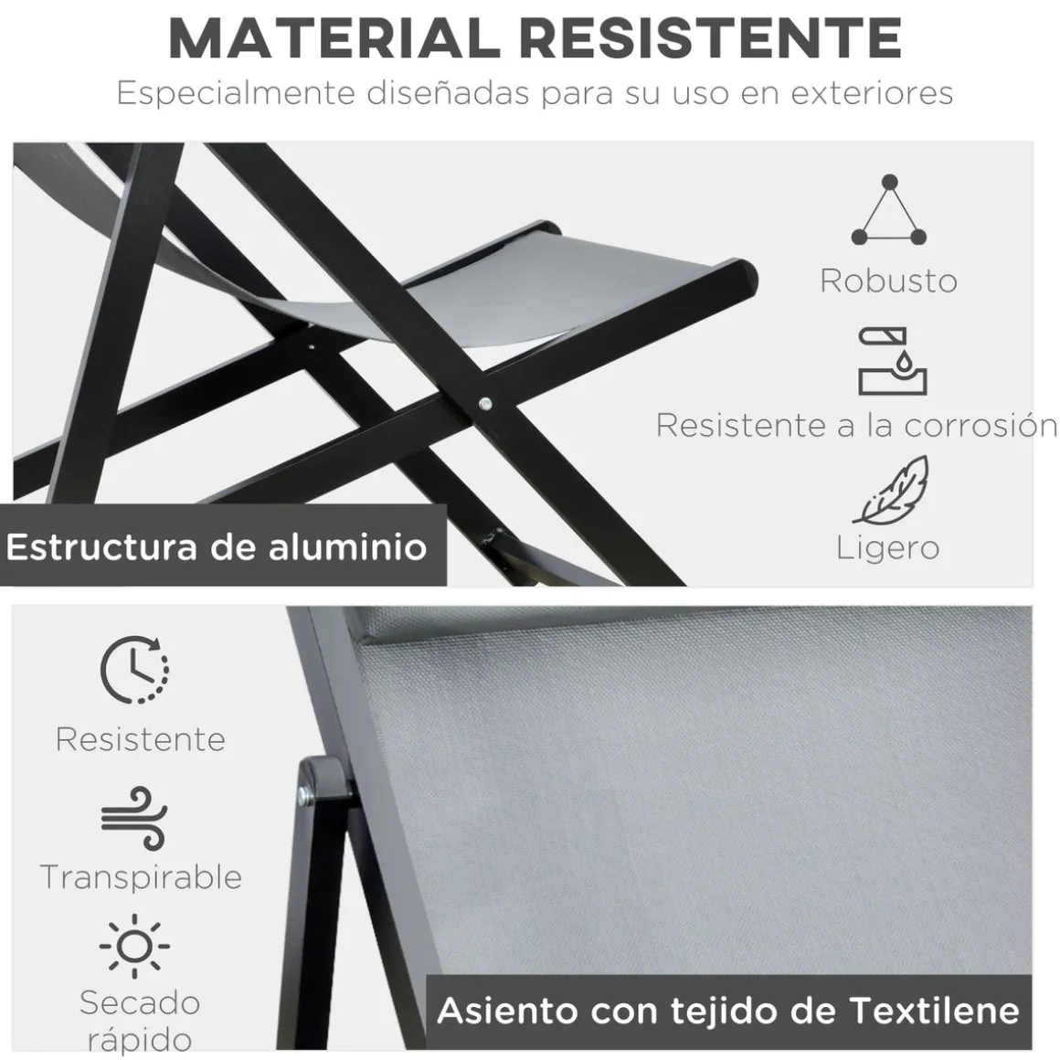 Pack de 2 tumbonas Thassos Outsunny plegables 5 posiciones gris