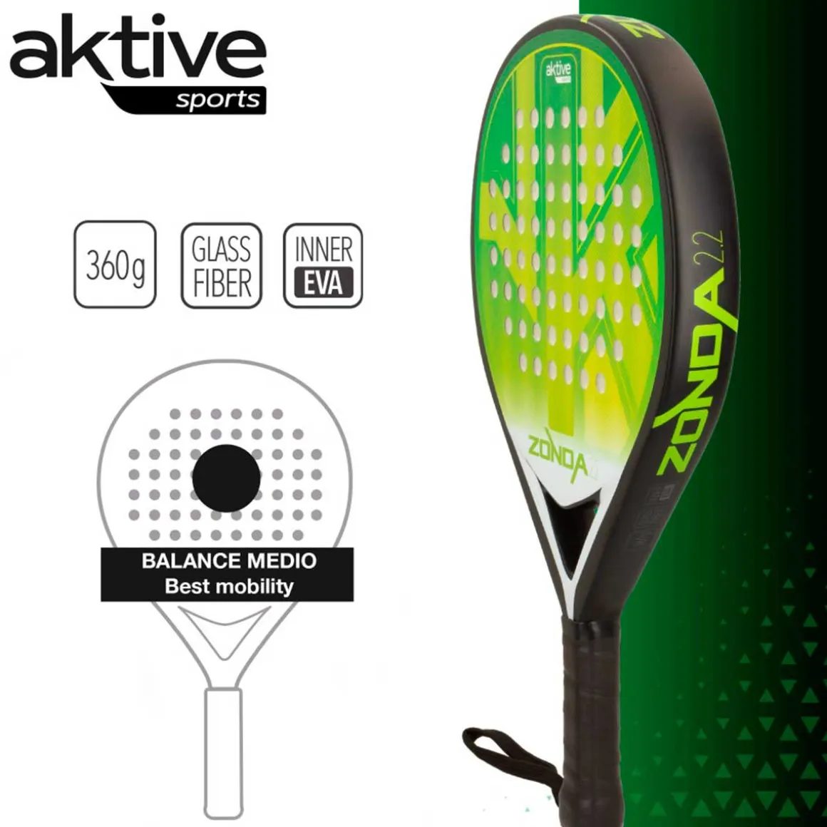 Pala de pádel Zonda 2.2 Aktive Sports fibra de vidrio forma lágrima verde