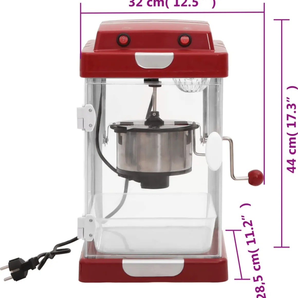 Palomitera eléctrica 10 tazas 70,8 gr acero inox rojo 44x32x28,5 cm