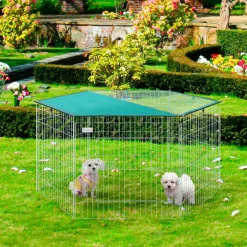 Parque de juegos para perros PawHut 6 paneles con puerta + toldo inox Ø120x60 cm