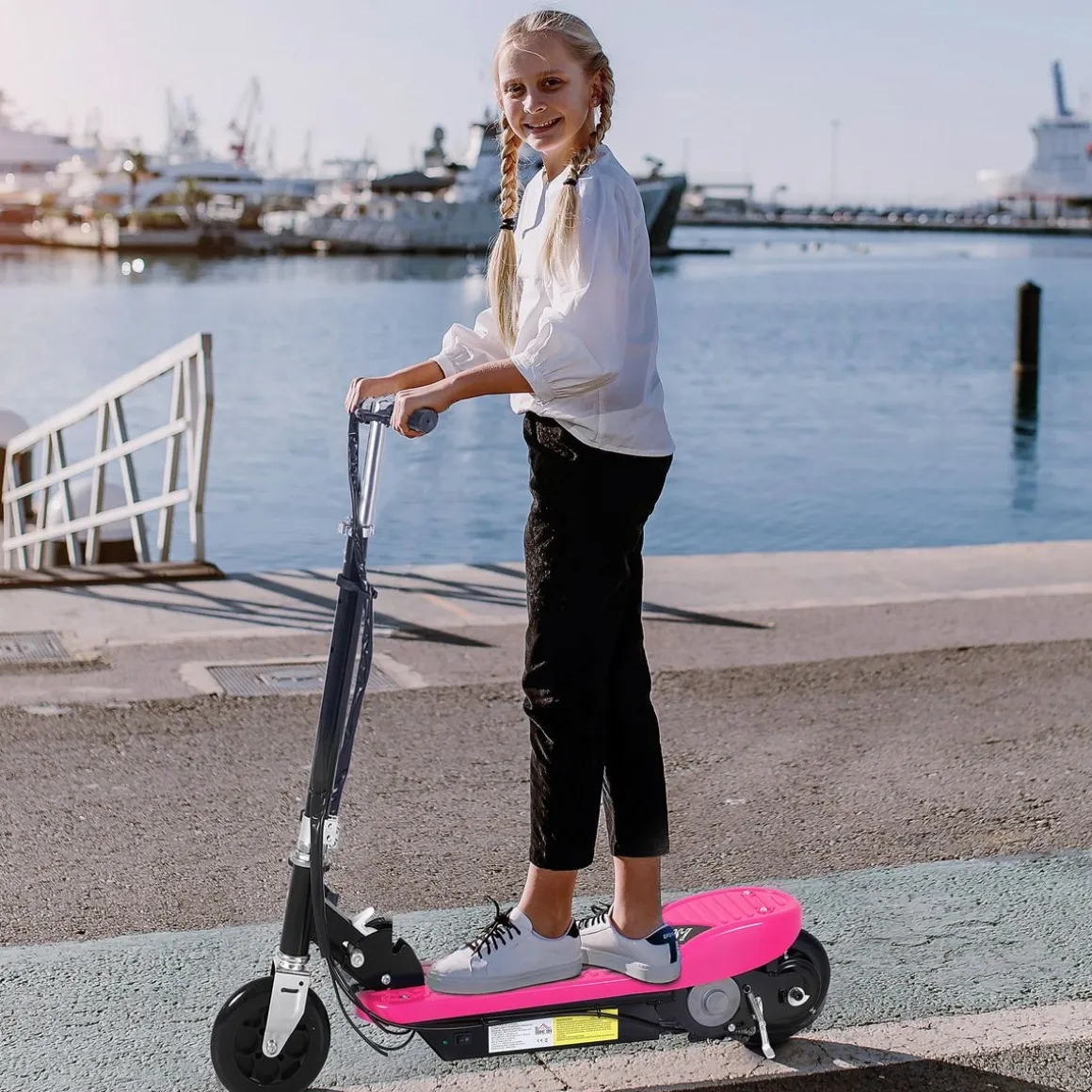Patinete eléctrico infantil Homcom manillar ajustable +7A rosa 87-95x78x37 cm