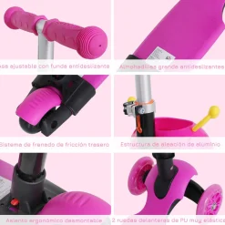 Patinete infantil Miga Homcom 3 en 1 con asiento +18 meses rosa 72,5x62x25 cm