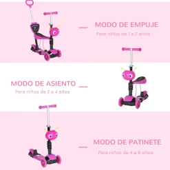 Patinete infantil Miga Homcom 3 en 1 con asiento +18 meses rosa 72,5x62x25 cm