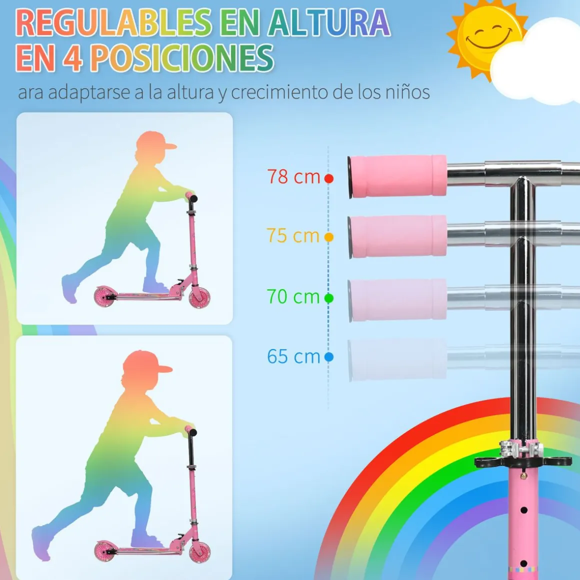 Patinete infantil Unicornio Homcom plegable luz LED + música 65-78x67x32 cm