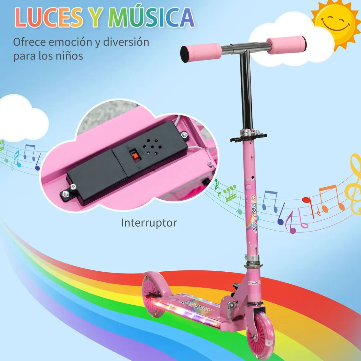 Patinete infantil Unicornio Homcom plegable luz LED + música 65-78x67x32 cm