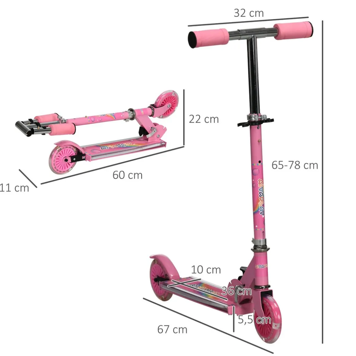 Patinete infantil Unicornio Homcom plegable luz LED + música 65-78x67x32 cm