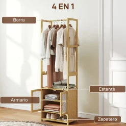 Perchero Aoi Homcom con barra y armario natural 168x53x31 cm
