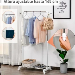 Perchero burro Homcom regulable con estante 4 ruedas blanco 87/145x68,5x42 cm