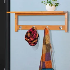 Perchero de pared Homcom 4 ganchos+estante superior bambú natural 20x50x17 cm