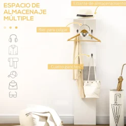 Perchero de pared Oddi Homcom 4 ganchos + estante con barra blanco 60x50x23,5 cm
