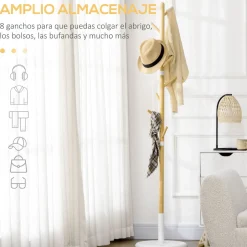 Perchero de píe Abeto Homcom 8 ganchos natural Ø37,8x175,6 cm