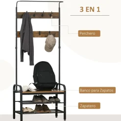 Perchero de pie Bajat Homcom 8 ganchos + 3 estantes marrón/negro 185x72x34 cm