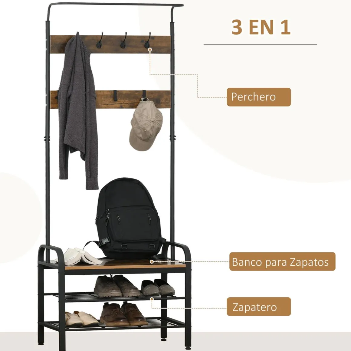 Perchero de pie Bajat Homcom 8 ganchos + 3 estantes marrón/negro 185x72x34 cm
