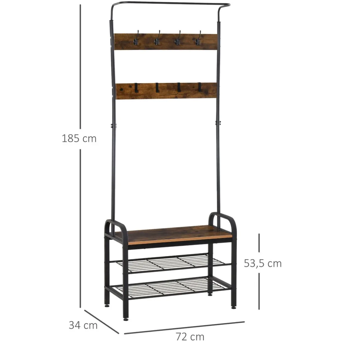Perchero de pie Bajat Homcom 8 ganchos + 3 estantes marrón/negro 185x72x34 cm
