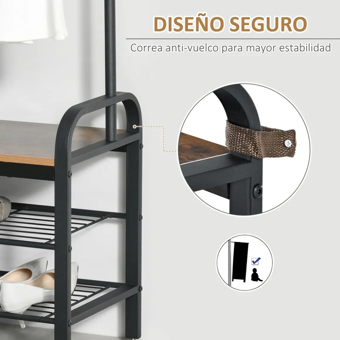 Perchero de pie Bajat Homcom 8 ganchos + 3 estantes marrón/negro 185x72x34 cm