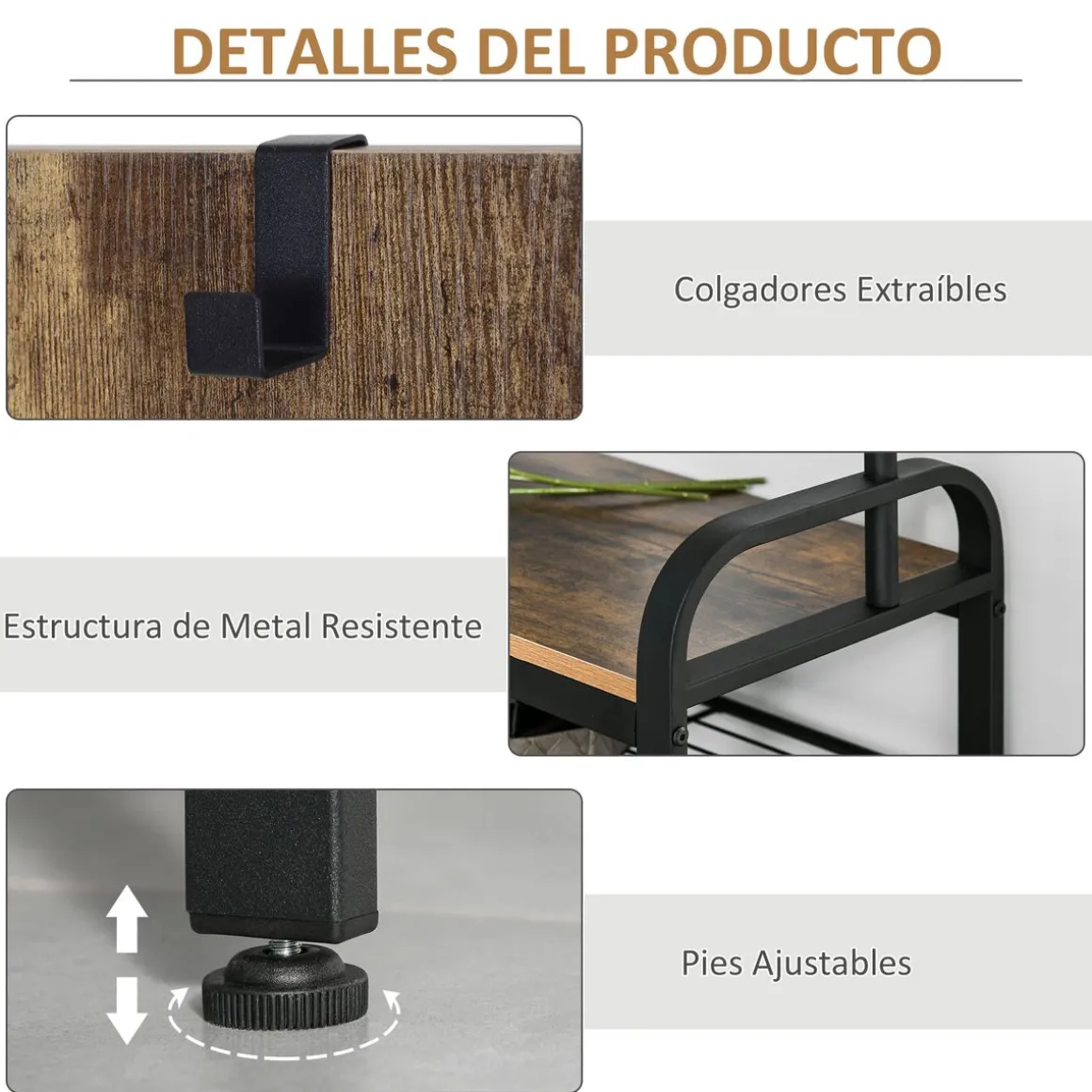 Perchero de pie Bajat Homcom 8 ganchos + 3 estantes marrón/negro 185x72x34 cm