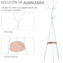 Perchero de pie Homcom 9 ganchos+estante circular blanco/natural 180x45x45 cm
