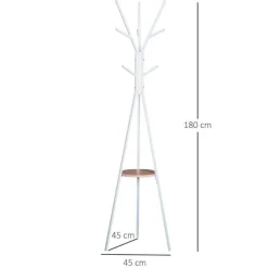 Perchero de pie Homcom 9 ganchos+estante circular blanco/natural 180x45x45 cm