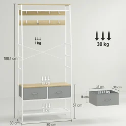 Perchero Kenzo Homcom 8 ganchos con 2 cajones blanco/natural 180,5x80x30 cm