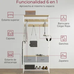 Perchero Kenzo Homcom 8 ganchos con 2 cajones blanco/natural 180,5x80x30 cm