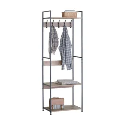 Perchero Lancaster con 5 ganchos y estantes negro/natural 176x59,7x40 cm