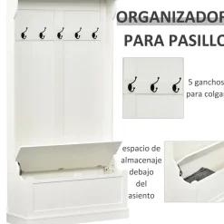 Perchero recibidor Tooly Homcom 5 ganchos + banco blanco 179,7x96x34 cm
