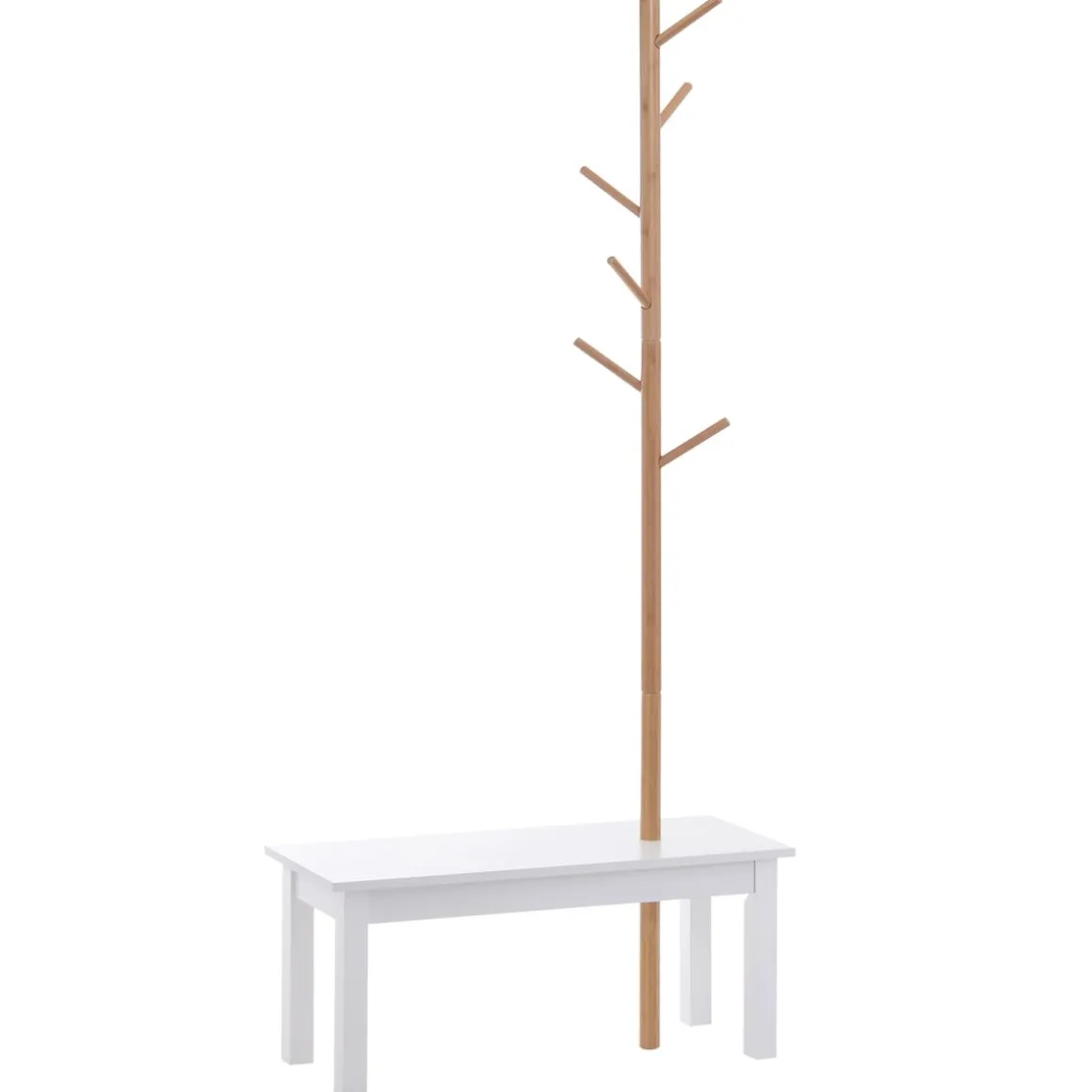 Perchero Tree Homcom 6 ganchos + banco blanco/natural 180x80x30 cm