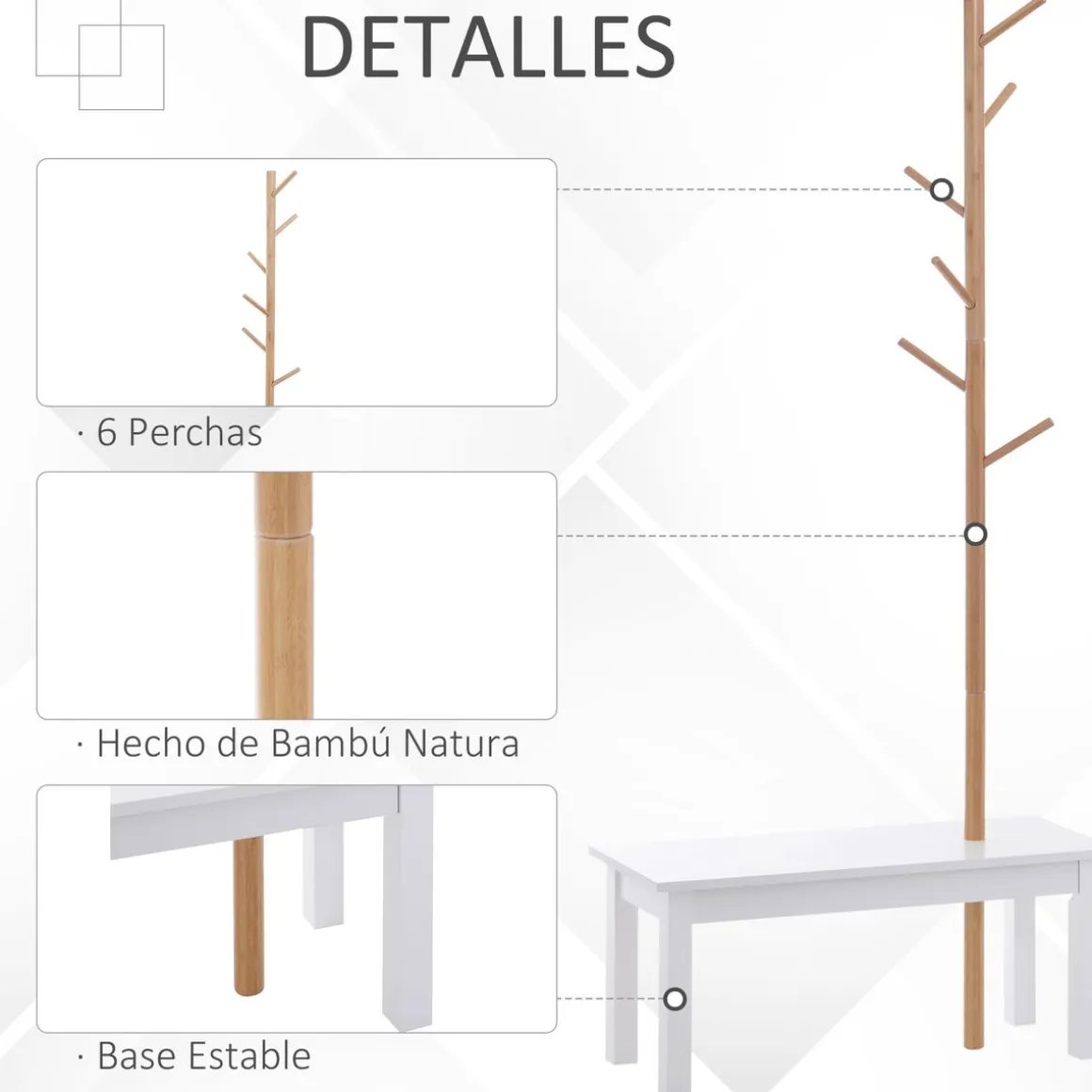 Perchero Tree Homcom 6 ganchos + banco blanco/natural 180x80x30 cm