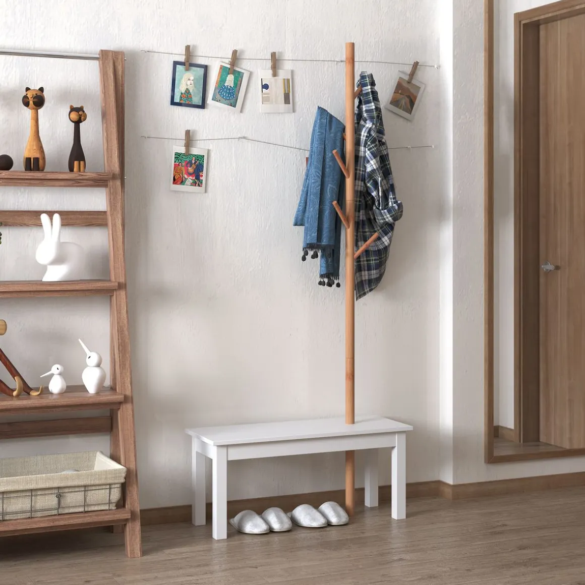 Perchero Tree Homcom 6 ganchos + banco blanco/natural 180x80x30 cm