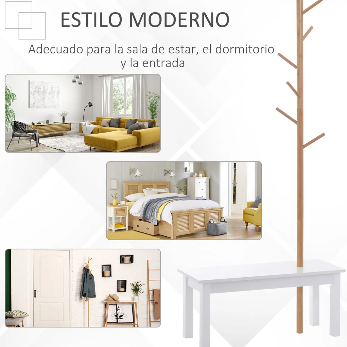 Perchero Tree Homcom 6 ganchos + banco blanco/natural 180x80x30 cm