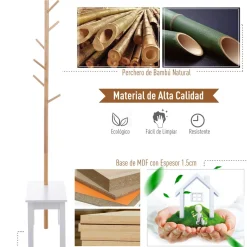 Perchero Tree Homcom 6 ganchos + banco blanco/natural 180x80x30 cm